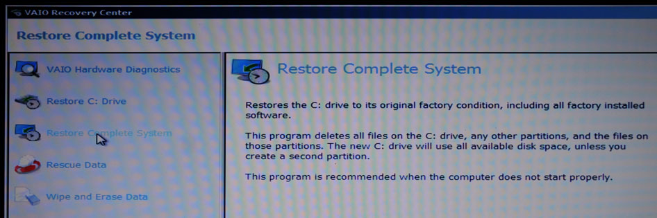 Vaio F Series Restore Complete System